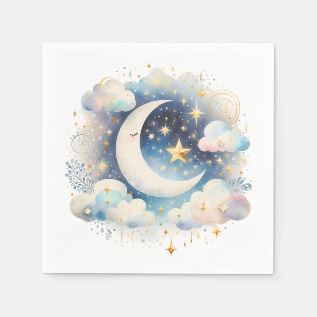 Blau und Weiß Halbmond Celestial Boho Moderne Serviette (Vorderseite)