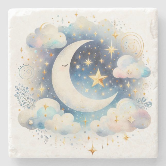Blau und Weiß Halbmond Celestial Boho Moderne Steinuntersetzer (Vorderseite)