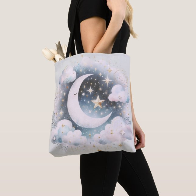 Blau und Weiß Halbmond Celestial Boho Moderne Tasche (Von Nahem)
