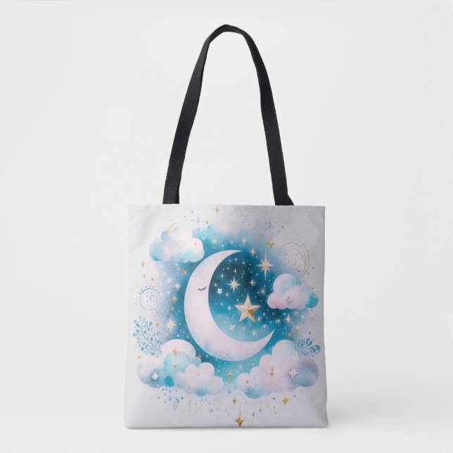 Blau und Weiß Halbmond Celestial Boho Moderne Tasche (Vorderseite)