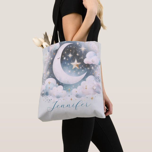 Blau und Weiß Halbmond Celestial Boho Moderne Tasche (Von Nahem)