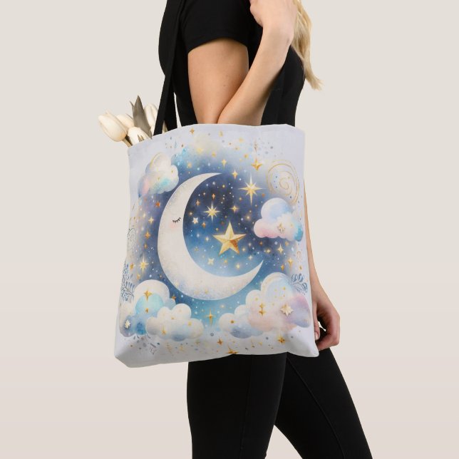 Blau und Weiß Halbmond Celestial Boho Moderne Tasche (Von Nahem)
