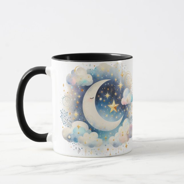 Blau und Weiß Halbmond Celestial Boho Moderne Tasse (Links)