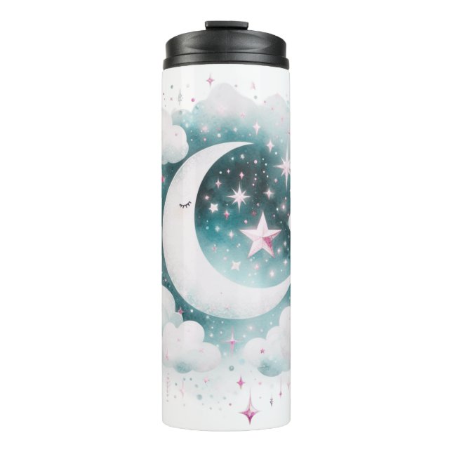 Blau und Weiß Halbmond Celestial Boho Moderne Thermosbecher (Vorderseite)