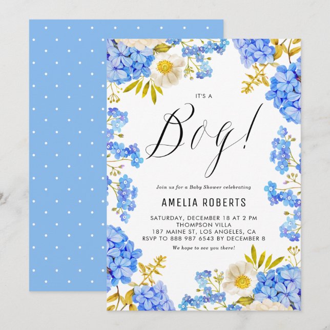 Blau und weiß Hydrangeas Es ist eine Baby-Dusche Einladung (Vorne/Hinten)