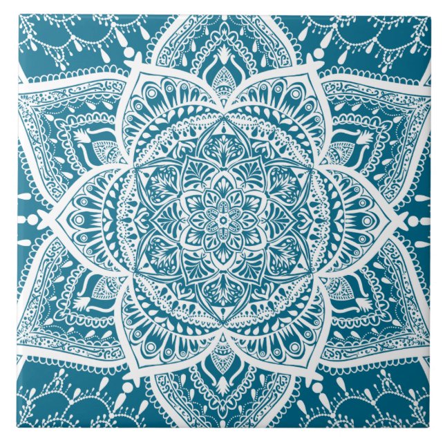 Blau und Weiß Mandala - Loergann in Holz Fliese (Vorderseite)