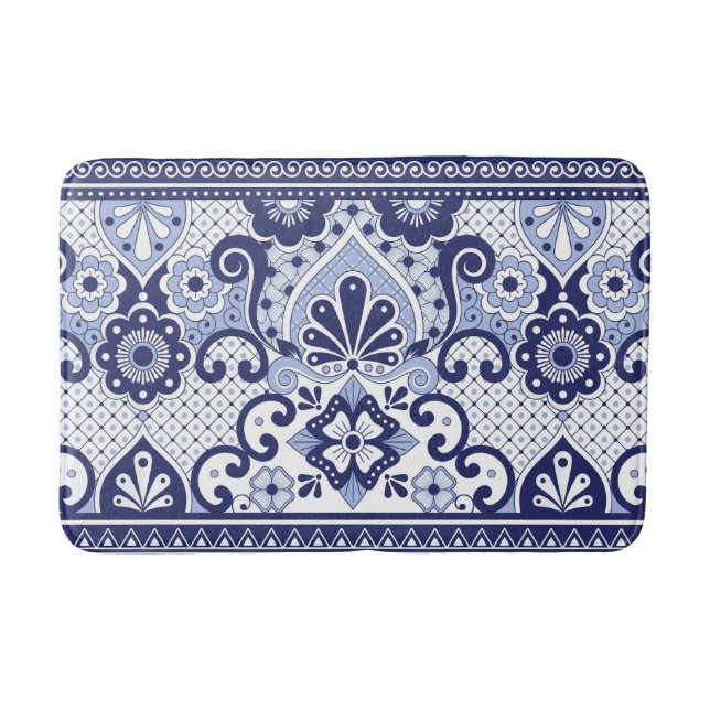 Blau und weiß mexikanische Talavera Folk Art Tile Badematte (Vorderseite)