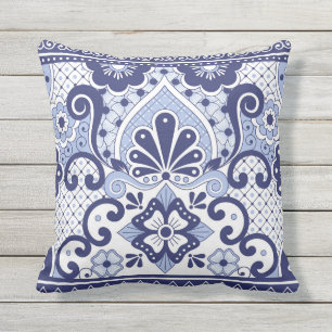 Blau und weiß mexikanische Talavera Folk Art Tile Kissen