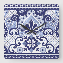 Blau und weiß mexikanische Talavera Folk Art Tile Quadratische Wanduhr