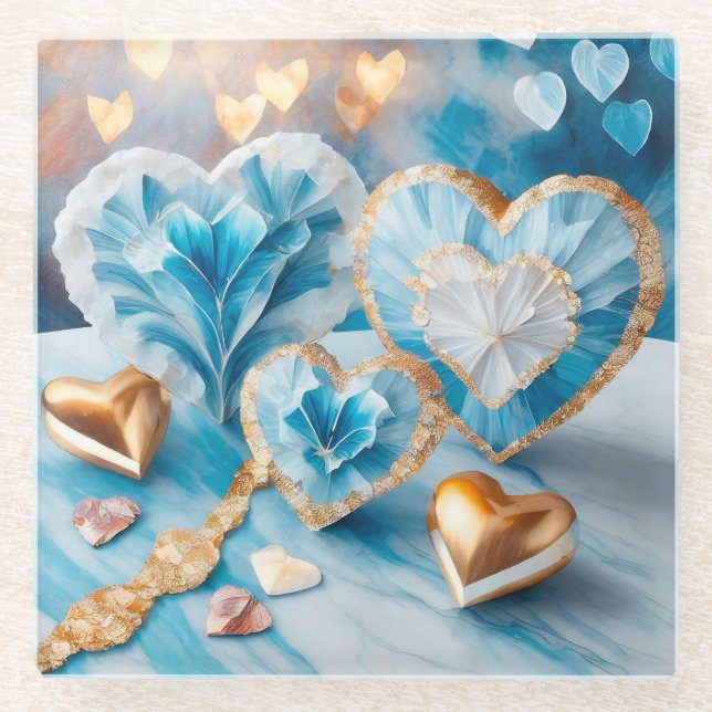 BLAU UND WEISS MIT GOLD GEARBEITETEN HERZEN GLASUNTERSETZER (Vorderseite)