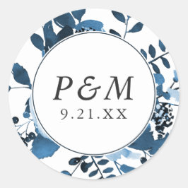Blau und Weiß mit Monogramm Hochzeit Runder Aufkleber