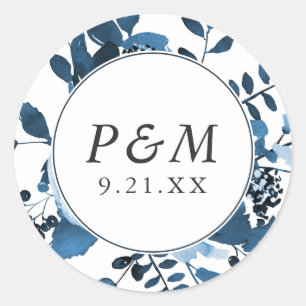 Blau und Weiß mit Monogramm Hochzeit Runder Aufkleber