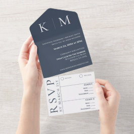 Blau und weiß-modern-monogram-Wedding- All In One Einladung