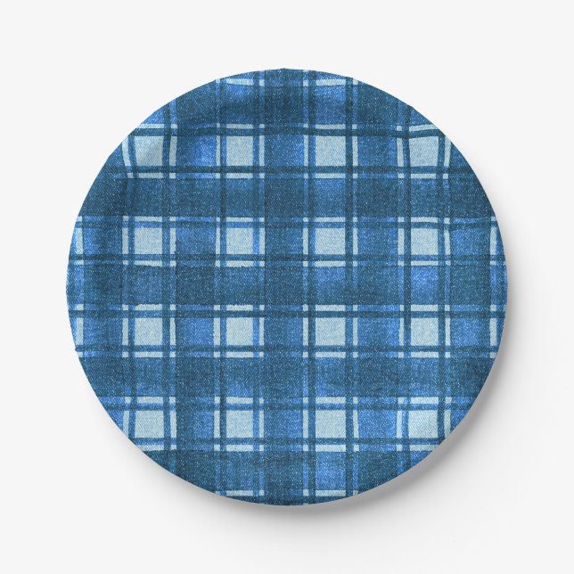 Blau und Weiß Moderne Denim Karierte Muster Pappteller (Vorderseite)