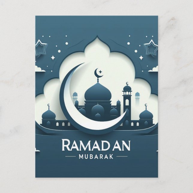 Blau und weiß Moderne Ramadan Mubarak Postkarte (Vorderseite)