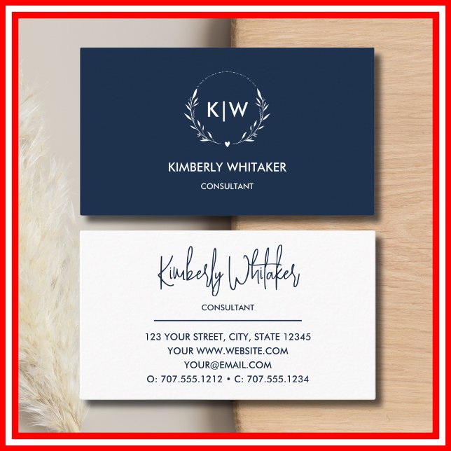 Blau und Weiß | Monogram für moderne Initials Visitenkarte (Navy Blue and White | Modern Initials Monogram Business Card)