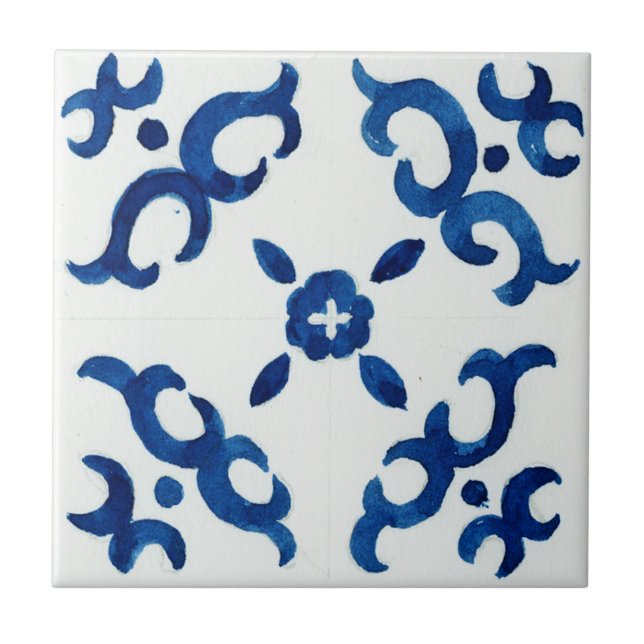 Blau und Weiß Muster Mittelmeer Wasserfarbe Fliese (Vorderseite)