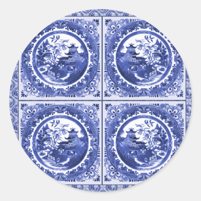 Blau und weiß, Muster Runder Aufkleber (Vorderseite)