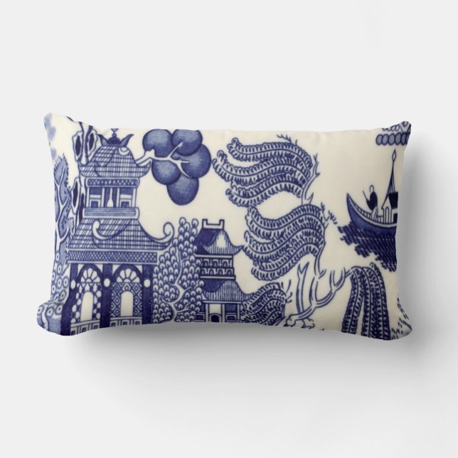Blau und Weiß Orientale Chinoiserie Lendenkissen (Vorderseite)