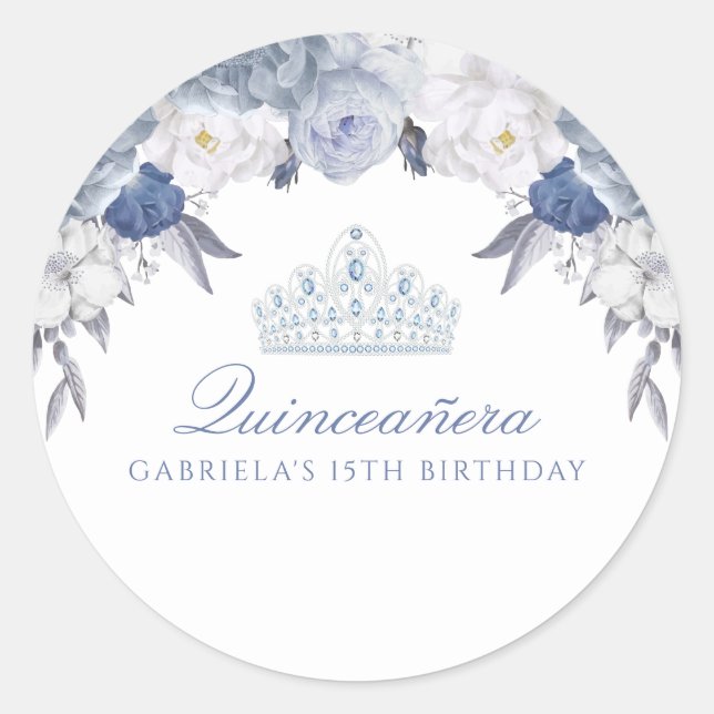 Blau und Weiß Quinceanera Runder Aufkleber (Vorderseite)