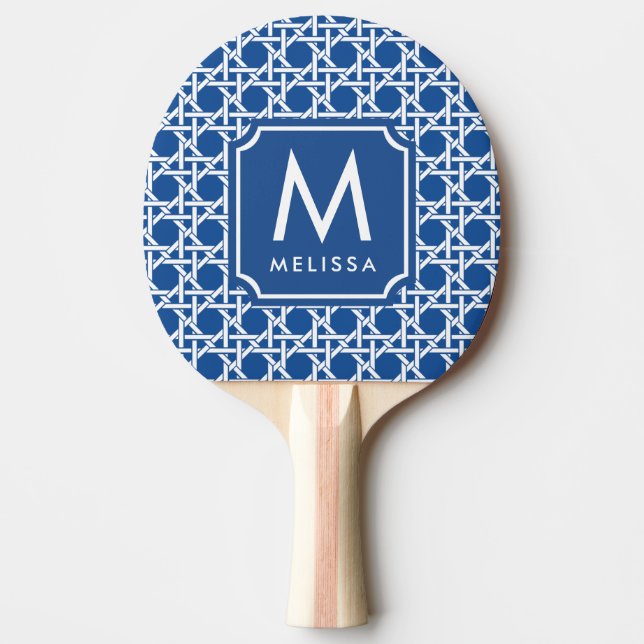 Blau und Weiß | Rattan | Monogramm Tischtennis Schläger (Vorderseite)