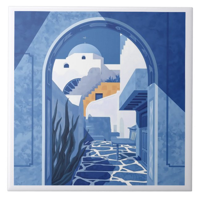 Blau und Weiß Santorini Mittelmeer Azulejo Fliese (Vorderseite)
