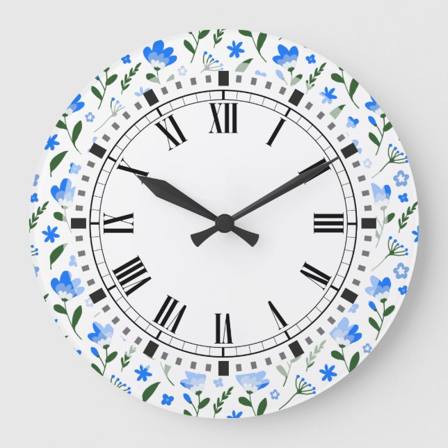 Blau und Weiß Sommer Blume Retro Küche Große Wanduhr (Vorderseite)