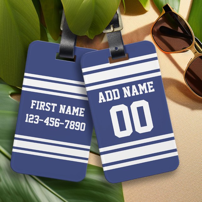 Blau und Weiß Streifen mit Name und Nummer Gepäckanhänger (Custom Luggage Tag)