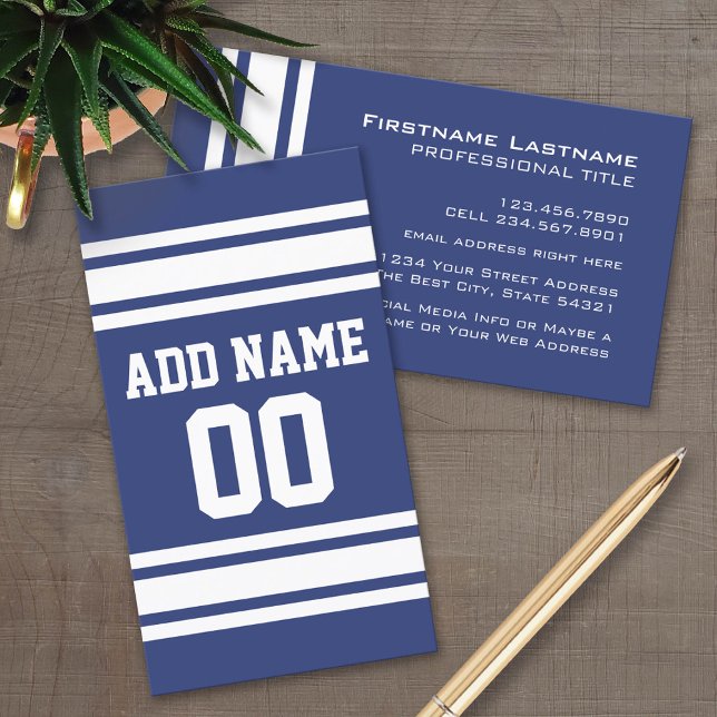 Blau und Weiß Streifen mit Name und Nummer Visitenkarte (Custom Business Card Template)