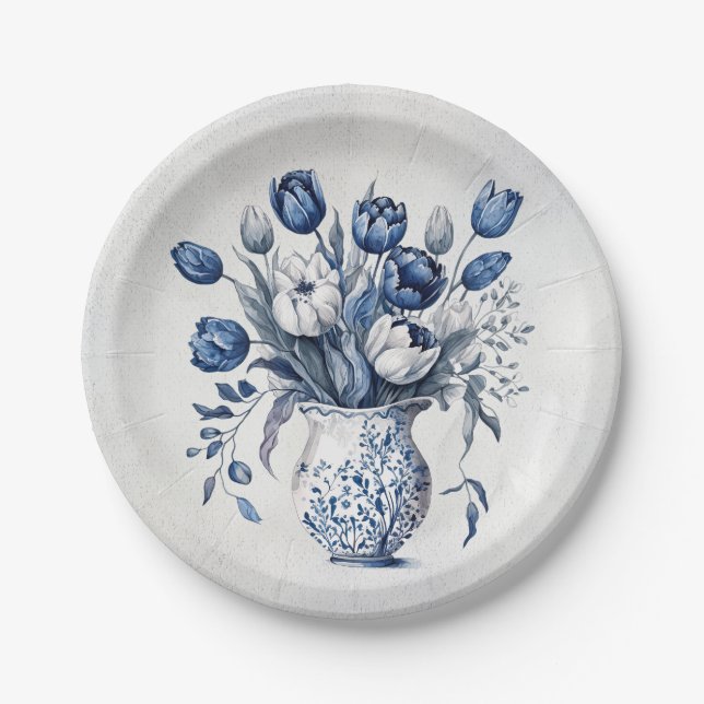 Blau und weiß Tulpenstil im Delft-Stil Pappteller (Vorderseite)