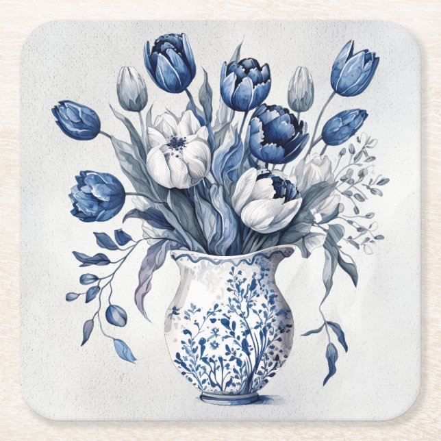 Blau und weiß Tulpenstil im Delft-Stil Rechteckiger Pappuntersetzer (Vorderseite)