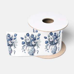 Blau und weiß Tulpenstil im Delft-Stil Satinband