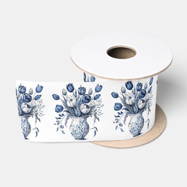 Blau und weiß Tulpenstil im Delft-Stil Satinband (Spule)