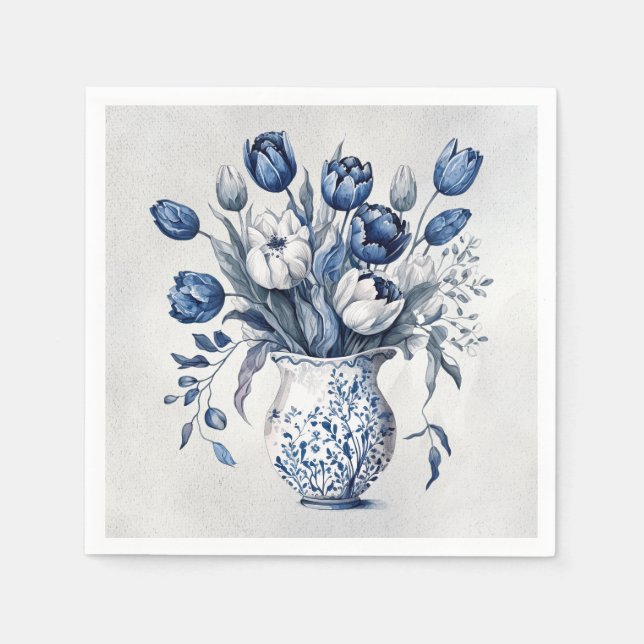 Blau und weiß Tulpenstil im Delft-Stil Serviette (Vorderseite)