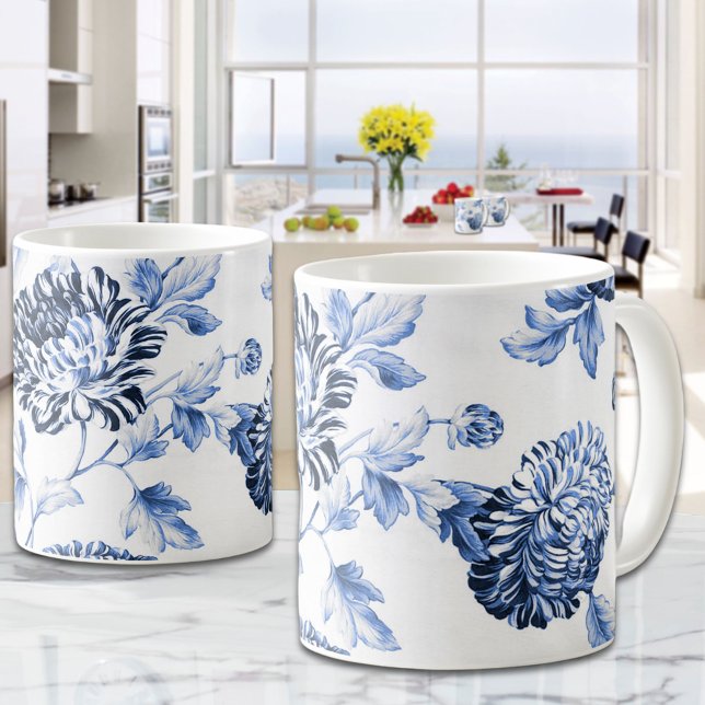Blau und Weiß Vintage Dahlia Kaffeetasse (Blue & White Vintage Dahlia Floral Coffee Mug)