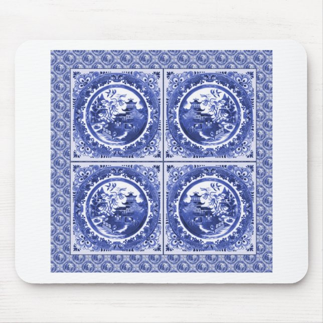 Blau und weiß, Weidemusterentwurf Mousepad (Vorne)