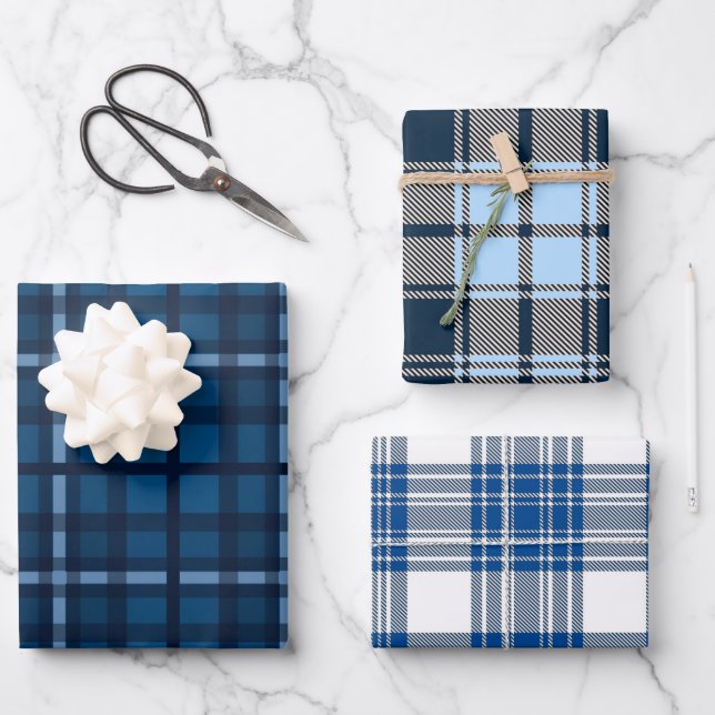 BLAU- UND WEISSE KARIERTE MUSTER GESCHENKPAPIER SET (Vorderseite)
