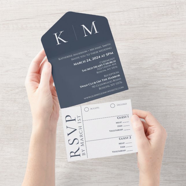 Blau- und Weißmonogramm-Hochzeit All In One Einladung (Abreißen)