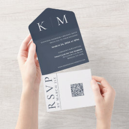 Blau- und Weißmonogramm-Hochzeit All In One Einladung