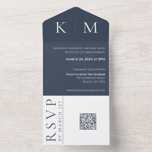 Blau- und Weißmonogramm-Hochzeit All In One Einladung (Innen Boden)