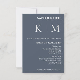 Blau- und Weißmonogramm-Hochzeit Save The Date