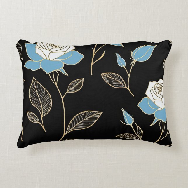 Blau- und Weißrosen mit Goldbesatz Dekokissen (Vorderseite)