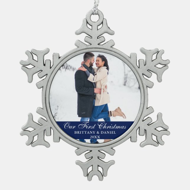 Blau Unser erstes Weihnachtslied Foto Schneeflocken Zinn-Ornament (Vorderseite)