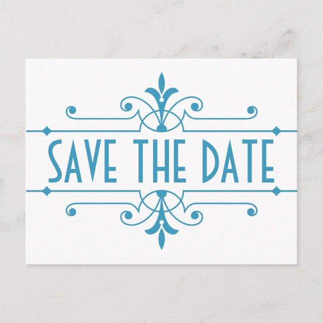 Blau v2 Extravagante Ornamentale Save the Date Pos Ankündigungspostkarte (Vorderseite)