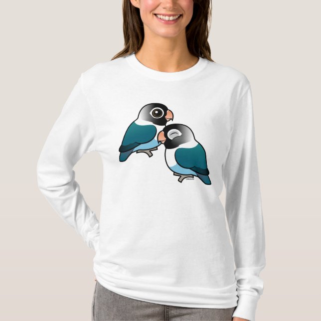 Blau verdeckte Lovebird-entzückende Paare T-Shirt (Vorderseite)