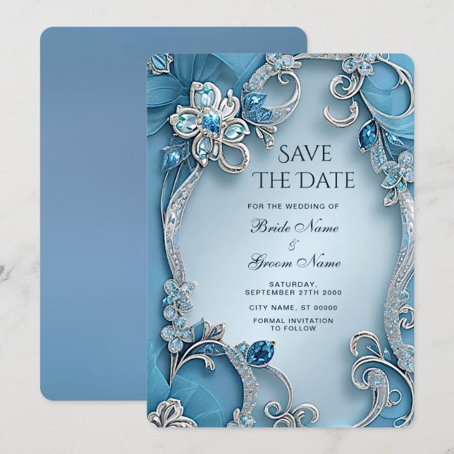 Blau Verzierte Blume Save the Date (Vorne/Hinten)