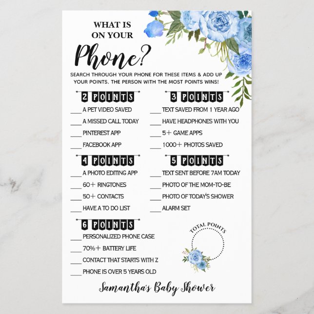 Blau Was auf Ihrer Phone Baby Shower Game-Karte is Flyer (Vorne)