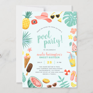Blau | Wassermelone Ananas Tropical Pool Party Magneteinladung