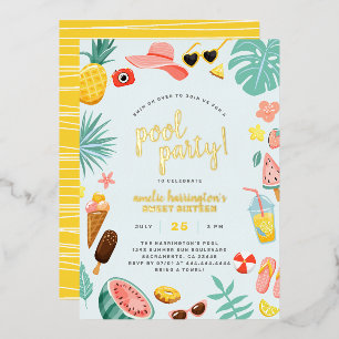 Blau   Wassermelone Ananas Tropische Poolparty Folieneinladung