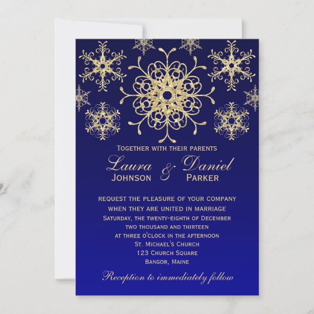Blau, Wedding GoldGlitzer BLICK Schneeflocken lädt Einladung (Vorderseite)